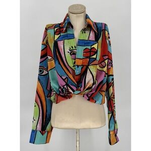 Live 4 Truth Abstract Crop Top Women's XL Long Sleeve Collared Multi Color